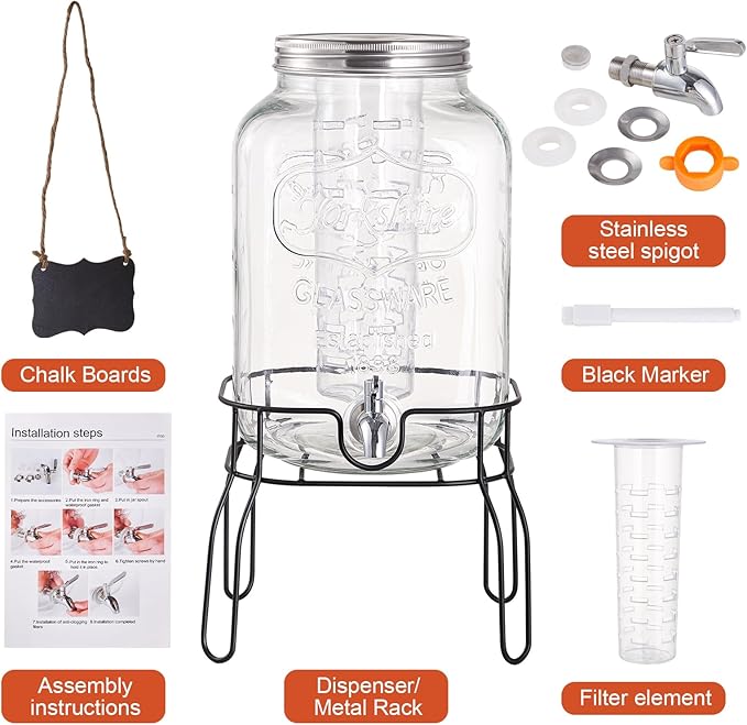 2 Gallon Glass Drink Dispensers for Parties Beverage Dispenser with Stand Fruit Infuser and Stainless Steel Spigot 100% Leakproof Beverage Dispenser for Lemonade Sun Tea