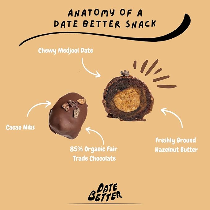 Date Better Hazelnut Praline Stuffed Medjool Dates - Dark Chocolate-Covered Dates Filled With Creamy Hazelnut Butter &amp Cacao Nibs | No Artificial Sweeteners Gluten-Free &amp Vegan (6-Pack)