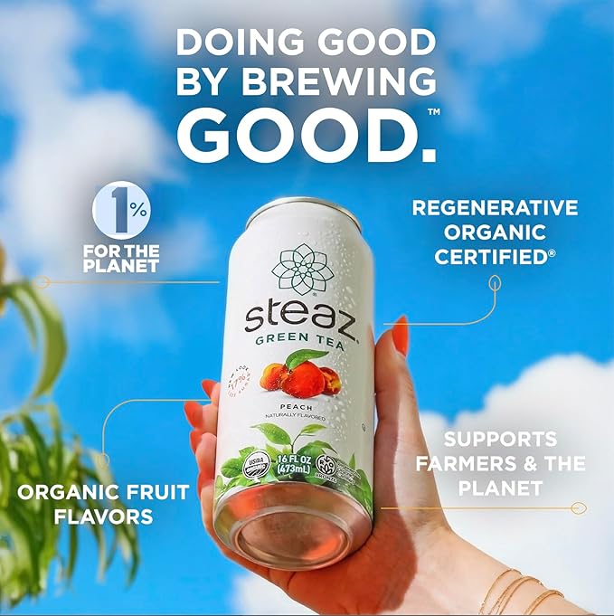 Steaz - Organic Green Tea - Zero Calorie Peach Mango (12 Pack) - Antioxidant Brew - 65mg Natural Caffeine Vitamin C - Stevia Sweetened Iced Tea - Vegan Fair Trade - 12 Cans 16 fl oz (473mL)