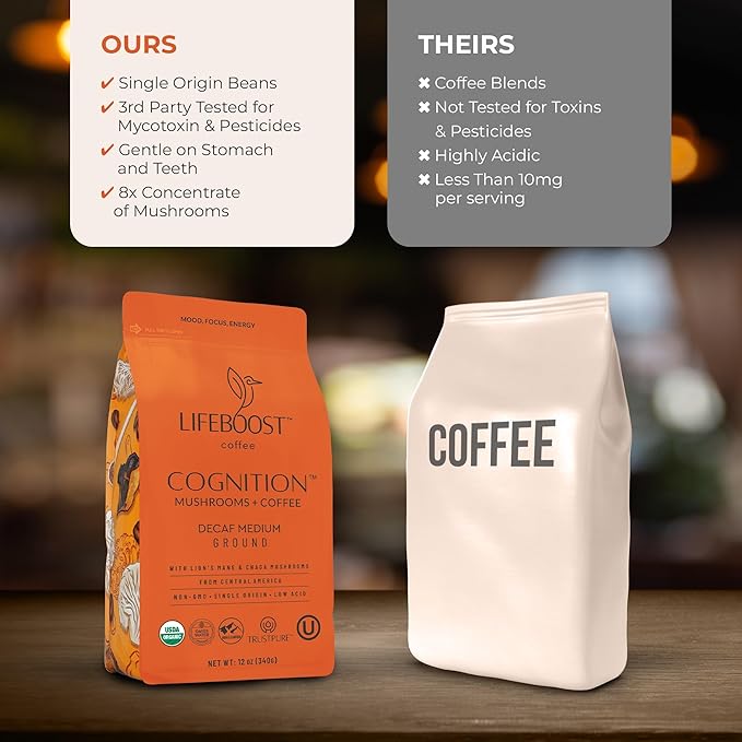 Lifeboost Cognition Decaf Mushroom Coffee - Low Acid Decaf Medium Organic Coffee with Lions Mane &amp Chaga Mushrooms - Increase Energy Boost Focus &amp Immune Support - 12 oz Bag - Ground