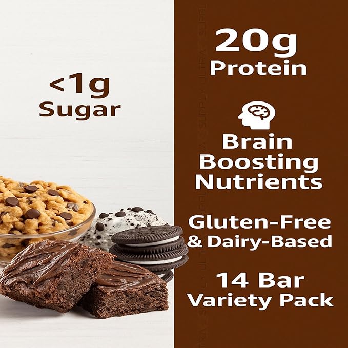 Quessts Protein Snack Bars – High Protein Low Sugar Brain Boosting Functional Fuel (14 Count) – Chocolate Lovers Variety with Cookies &amp Cream Brownie &amp Dough Flavor