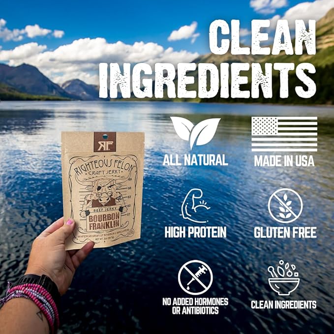 Righteous Felon Beef Jerky - Bourbon Franklin Flavor - All-Natural Bourbon Jerky - Locally Sourced &amp Dried Beef - Low-Sugar High-Protein Healthy Snacks - 2 Ounces Each Pack of 3