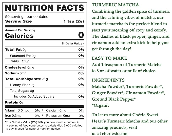 Cherie Sweet Heart Turmeric Matcha Green Tea Superfood Mix Organic Keto Friendly 3.5 Ounce (Pack of 2)