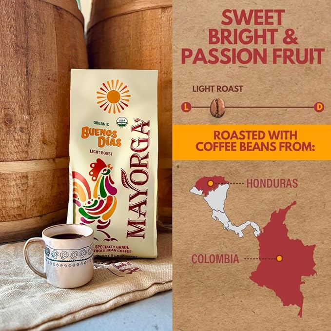 Mayorga Organic Coffee 5lb Buenos Dias - Light Roast Whole Bean Coffee Specialty Grade 100% Arabica Slow Roasted Citrusy and Sweet Flavor with Low Acidity - USDA Organic Non-GMO Kosher
