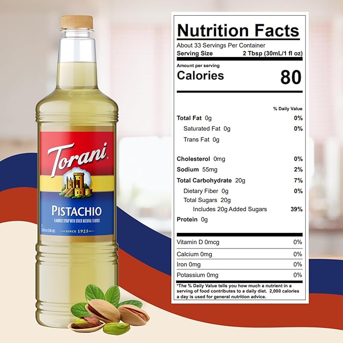 Torani Pistachio Coffee Syrup 1 Liter Bottle with Pump Dispenser – Flavored Syrup with Pure Cane Sugar &amp Natural Pistachio Essence – Perfect for Lattes Desserts &amp Cocktails
