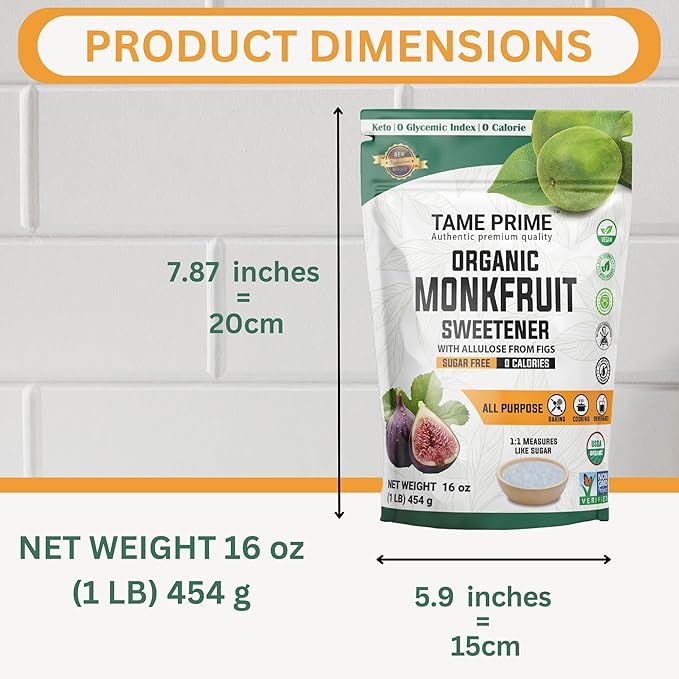 Tame prime USDA Organic Monkfruit sweetener with Allulose from figs 1 lb (454 g) 1:1 sweet like sugar organic monk fruit without erythritol 0 calories 0 Glycemic index Keto