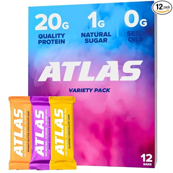 Atlas Real Food Protein Bar – 20g Clean Protein 1g Sugar No Seed Oils No Artificial Sweeteners (Variety 12 Count)