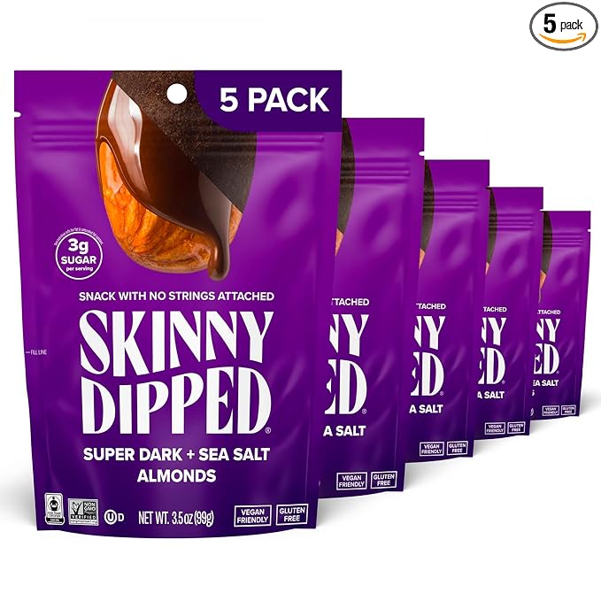 SkinnyDipped Super Dark Chocolate + Sea Salt Almonds Vegan Healthy Snack Plant Protein Gluten Free 3.5 oz Resealable Bags Pack of 5