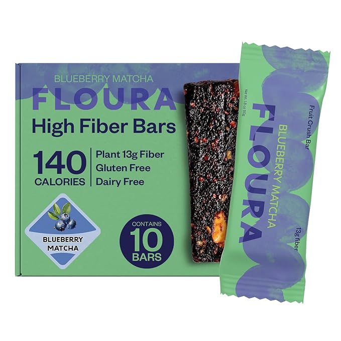 Floura Blueberry Matcha Fruit-Forward Fiber Bars– High Fiber Vegan Gluten &amp Dairy Free Low Calorie Healthy Snack Bars with Upcycled Produce for Gut Health [10 Pack]