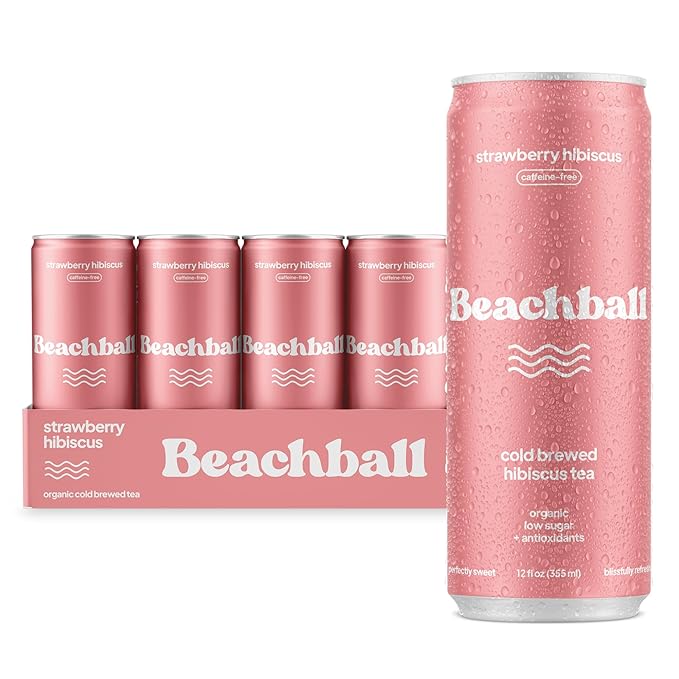 Beachball Organic Strawberry Hibiscus Iced Tea (Caffeine Free) – Low Sugar Low Calorie No Artificial Sweeteners Vitamin C 12-Pack 12oz Cans