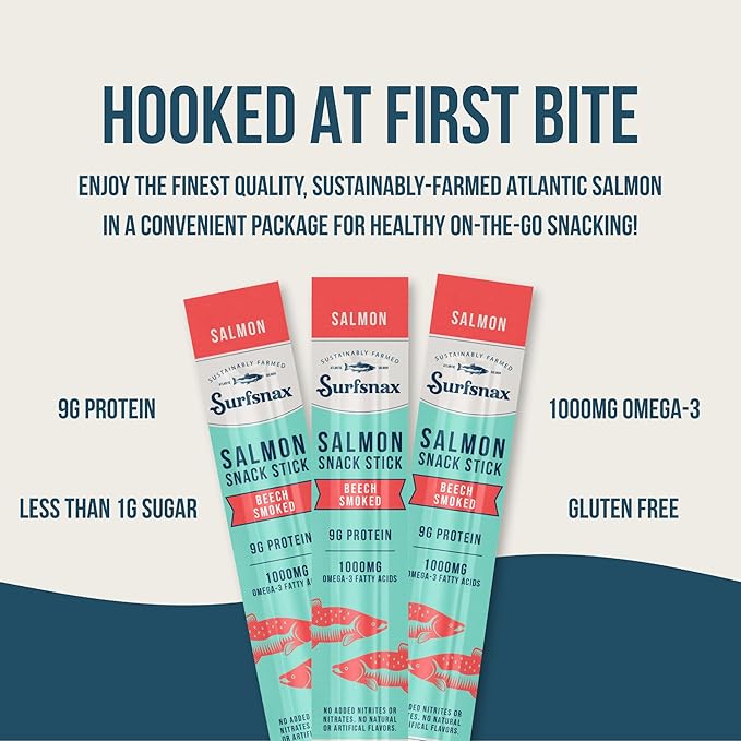 Surfsnax Salmon Jerky Snack Sticks - Sustainably Farmed Beechwood Smoked Salmon Jerky Snacks - High in Protein Omega-3's Keto Paleo Whole30 10 Count