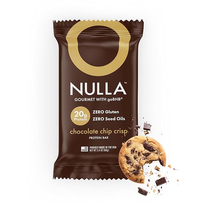 Nulla Gourmet Protein Bar with goBHB &amp Honey – Chocolate Chip Crisp – 20g Protein Zero Seed Oils Gluten Free Dual-Fuel Performance Energy Snack – Clean Ingredients