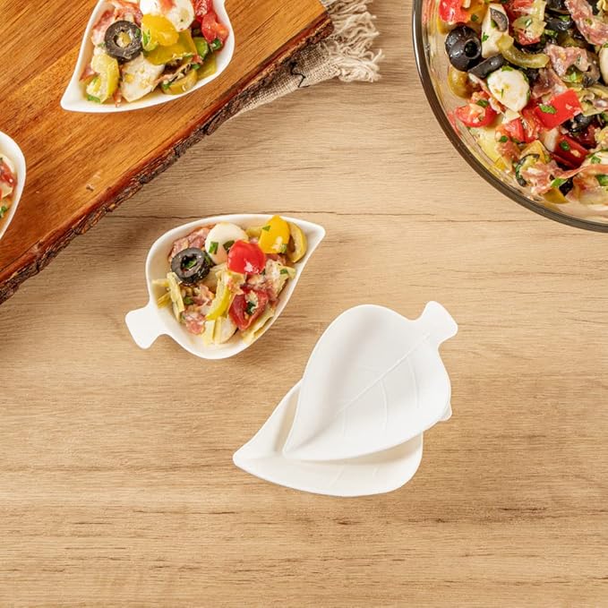 Restaurantware-Pulp Safe No PFAS Added 3.7 x 2.4 Inch Tasting Dishes 100 Disposable Dishes - Home Compostable Microwavable And Freezable White Bagasse Food Dish Leaf Shape For Appetizers
