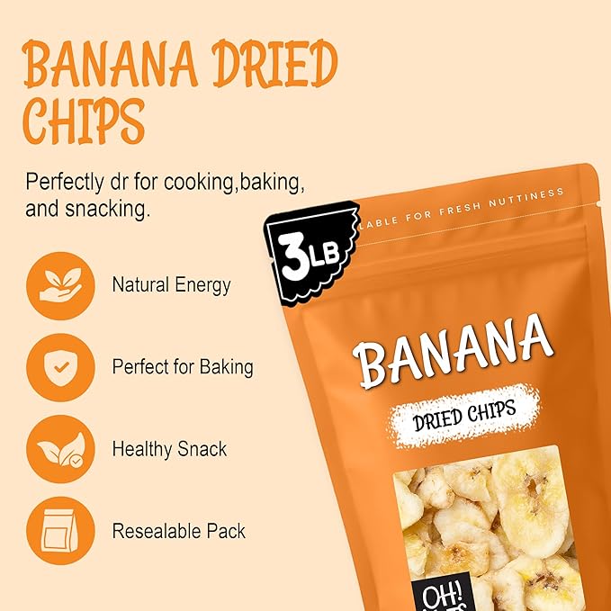 Oh! Nuts Dried Banana Chips - 3 lb - Dried Fruit Slices - Light Sugar Added - Dehydrated Fruit Bites - Packed in New York Zip-Seal Bag for Exceptional Freshness