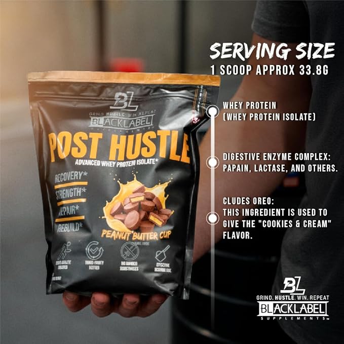 BLACKLABEL Supplements Post Hustle Post Workout Protein Powder 30 Servings – Whey Protein Isolate Powder with Digestive Enzymes – Post Workout Protein Powder – Peanut Butter Cup