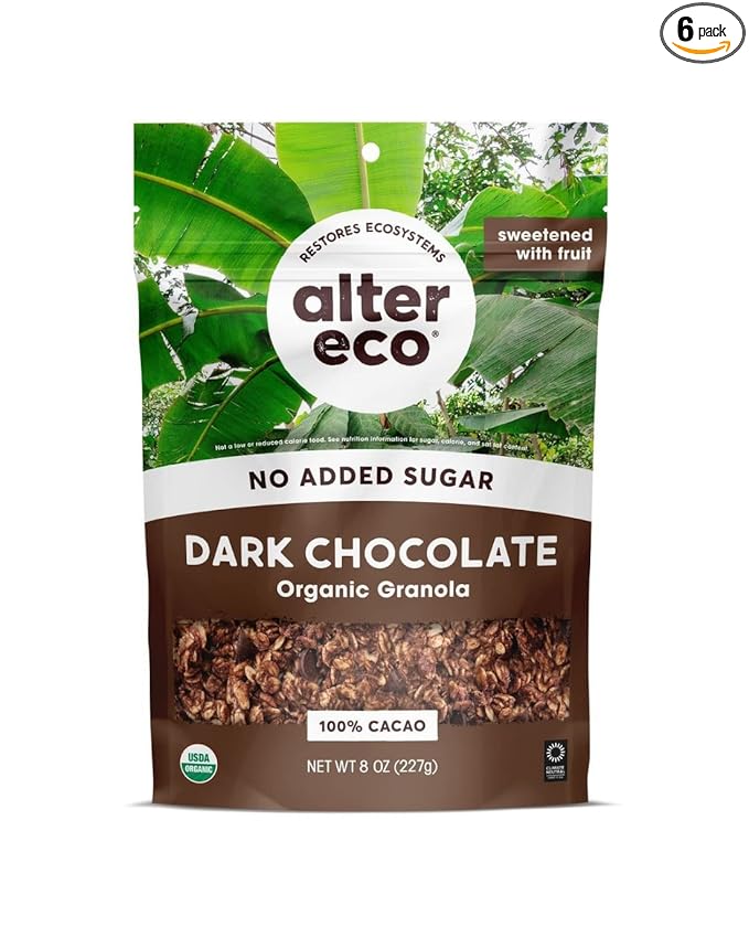 Alter Eco Dark Chocolate Granola Healthy Organic Breakfast &amp Snack Naturally Sweetened with Fruit Vegan No Artificial Sugars or Additives Regeneratively-Farmed Oats (Dark Chocolate - 6 Pack)