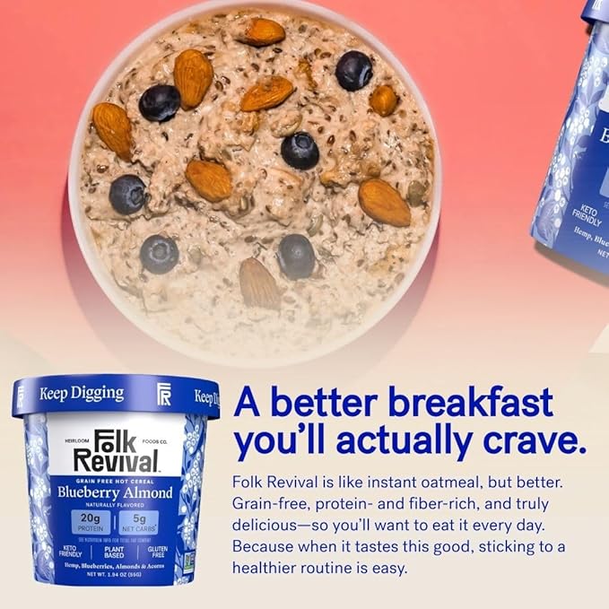 Folk Revival Blueberry Almond Keto Instant 'Oatmeal' - 20g Protein 5g Net Carbs High Fiber Non GMO Gluten Free Made with Acorns - 6 Cups Per Case