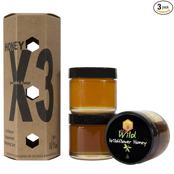 Bee Wild 100% Pure Raw Organic Unfiltered 3 Flavor Gourmet Tasting Set Honey - Wildflower Sourwood &amp Orange Blossom