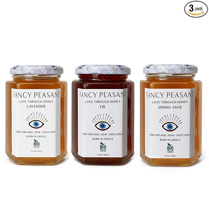 Fancy Peasant Sticky Trio Greek Honey Gift Set Includes Fir Lavender &amp Spring Sage Jars Organic Raw Unfiltered Honey Pure &amp Natural 14.2oz Each