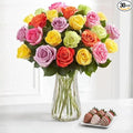 Shari’s Berries 24 Assorted Roses with Vase &amp 6 Gourmet Chocolate Covered Strawberries Gift Set| Flower &amp Chocolate Gift Delivery for Valentine's Day Anniversary Birthday &amp Thank You