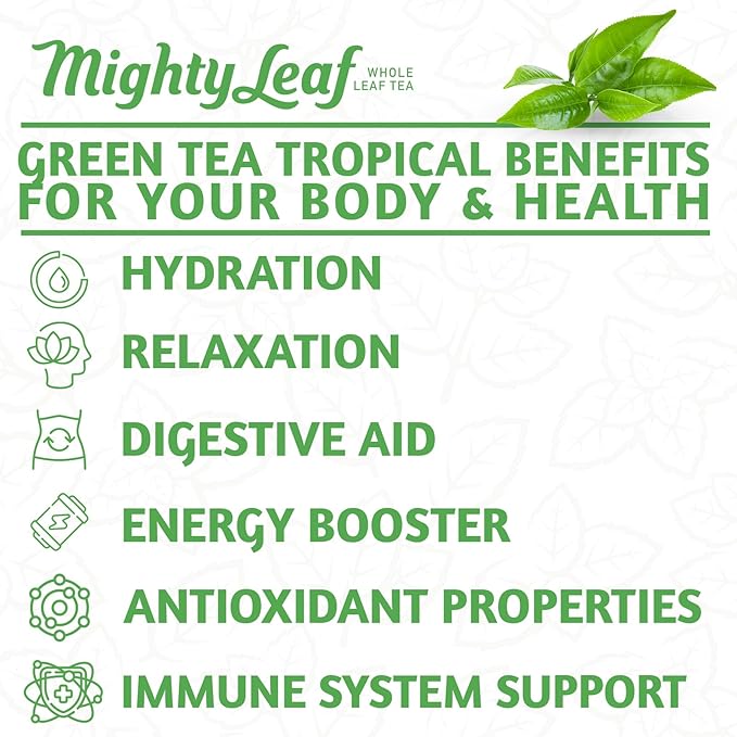 Mighty Leaf Green Tea Tropical – 100 Count Whole Leaf Green Tea Bags – Pyramid Sachets with Pineapple Tropical Fruit &amp Floral Flavors – Antioxidant-Rich Lightly Caffeinated