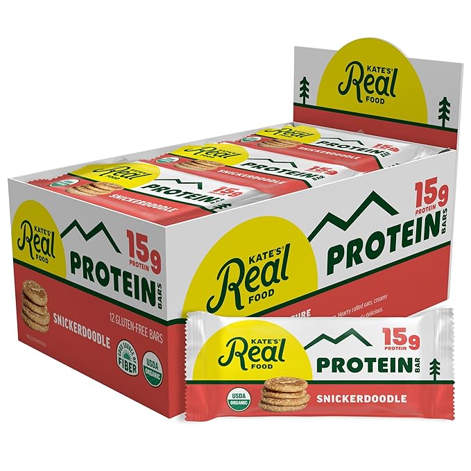 Kate’s Real Food Organic Protein Bars – (Snickerdoodle 2.2 oz Pack of 12) – Plant Based Protein Bars - Gluten Free Soy Free Non GMO Whole Grains and All Natural