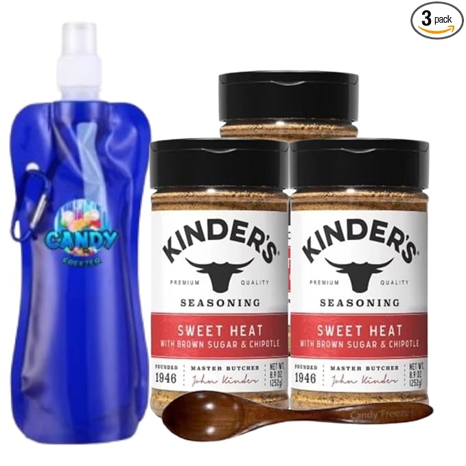 Kinder’s Premium Blend Seasoning – Three (3) 8.9 oz Bottles – All-Purpose Rub for Grilling Cooking &amp Roasting – No MSG Gluten-Free Non-GMO – Includes Collapsible Bottle &amp Wooden Spoon (Tota