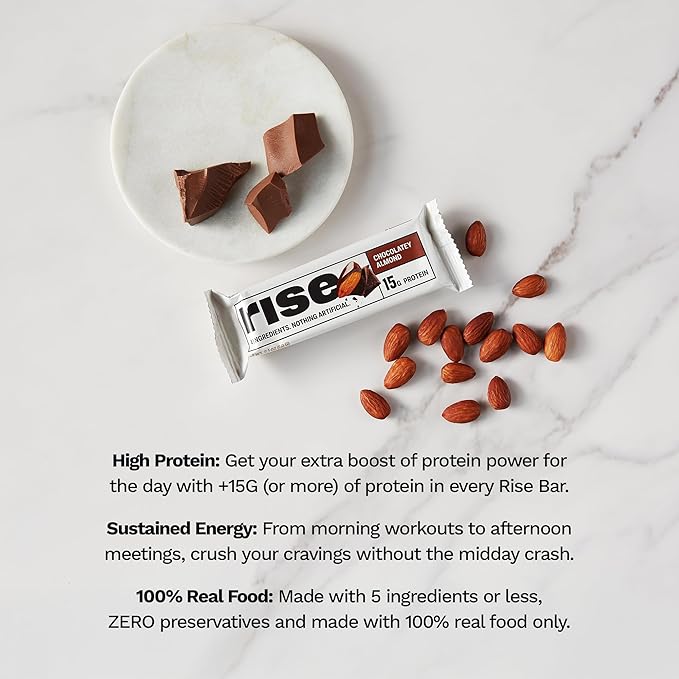 Rise Whey Protein Bars - Chocolatey Almond | Breakfast Bar &amp Protein Snack 15g Protein 5g Fiber Just 4 Whole Food Ingredients Gluten-Free Soy Free