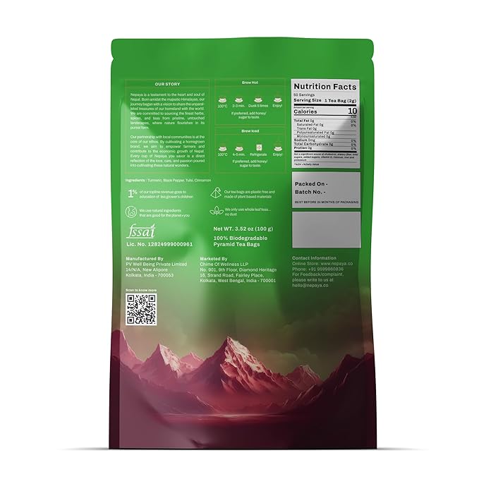 Nepaya Tulsi &amp Turmeric Herbal Tea Bag – 50 Pyramid Tea Bags Holy Basil with Cinnamon &amp Black Pepper Biodegradable Caffeine-Free Himalayan Blend