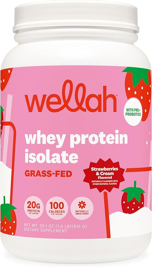 Wellah Grass-Fed Whey Protein Isolate Powder (Strawberries and Cream) 30 Servings - with Prebiotics Enzymes &amp Probiotics 20g of Protein 100 Calories Naturally Sweetened