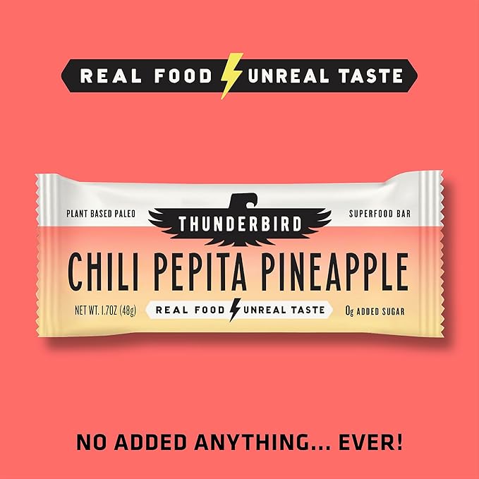 Thunderbird Bars Energy Snack Gluten-Free with Protein Healthy Real Food Vegan Paleo Non-GMO No Added Sugar Chili Pepita Pineapple Flavor (12 Count 1.7 oz. Bars)