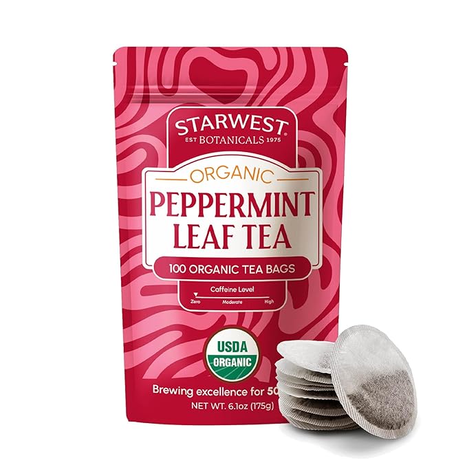 Starwest Botanicals Organic Peppermint Leaf Tea - Caffeine Free Herbal Tea Supports Digestion USDA Organic Peppermint Leaf String Free Sachets Non GMO - Bulk Pack 100 Tea Bags