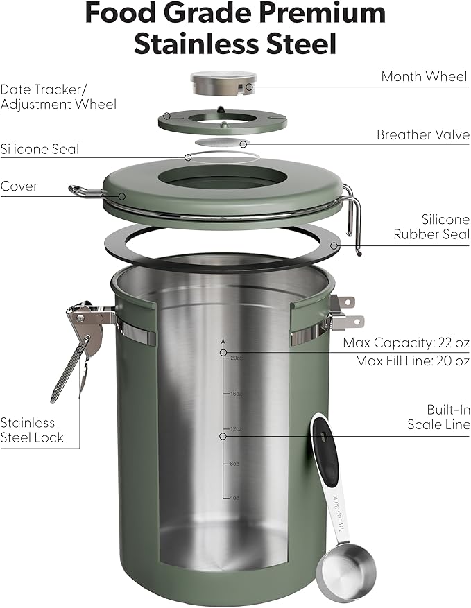 Veken Coffee Canister with Window Easter Gifts Airtight Stainless Steel Container with Lids Home Kitchen Food Storage Jars for Grounds Beans Tea Flour Cereal Sugar Basket Scoop 22OZ Green