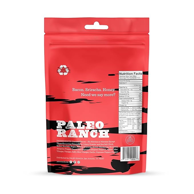 PALEO RANCH Uncured Bacon Jerky Honey Sriracha No Added Hormones No Preservatives 1.5-oz. Pouches (Pack of 8)