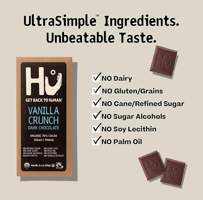 Hu Chocolate Bars | 6 Pack Vanilla Crunch Chocolate | Natural Organic Vegan Gluten Free Paleo Non GMO Fair Trade Dark Chocolate | 2.1oz Each