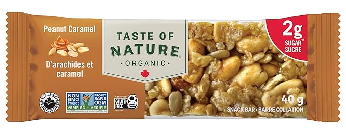 Taste of Nature - Organic 2g Sugar Peanut Caramel - Low Sugar Snack and Breakfast Bar High Fiber Energy Bar - 16 Count Snack Pack