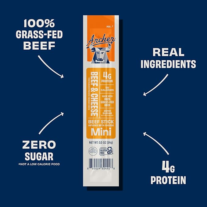 Archer Jerky Mini Beef Jerky Sticks - Grass Fed Sticks Individually Wrapped Mini Meat Snack Packs Bulk Gluten Free Paleo Keto - .5 oz Beef &amp Cheese (Pack of 24) &amp Original (Pack of 24)