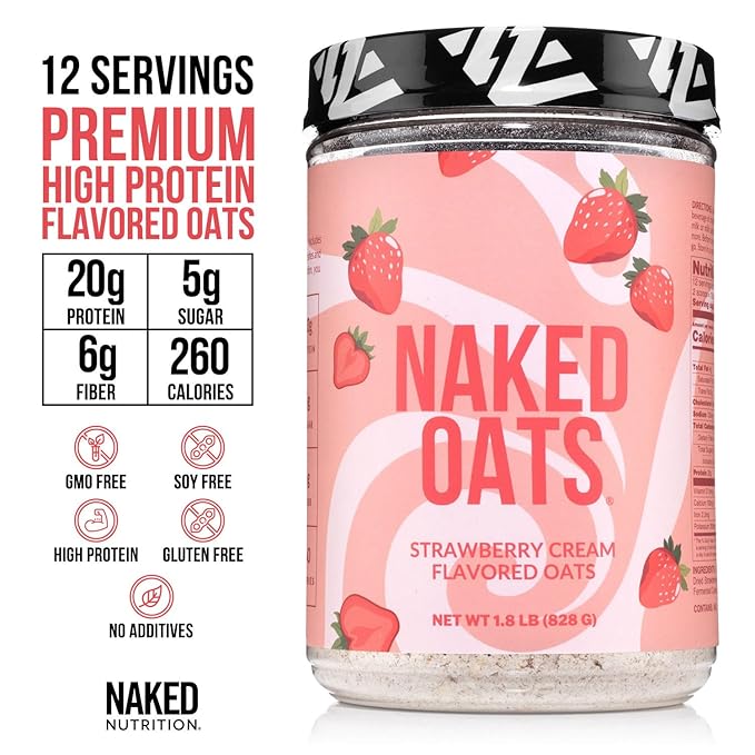 Naked Oats - Strawberry Cream Overnight Oats 20g Grass-Fed Protein Gluten-Free Oatmeal Instant Breakfast or Shake High Protein Oatmeal High Fiber Breakfast Shake Non GMO No Soy - 12 Servings