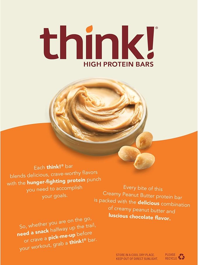 Think! Protein Bars High Protein Snacks Gluten Free Sugar Free Energy Bar with Whey Protein Isolate Creamy Peanut Butter Nutrition Bars without Artificial Sweeteners 1 Box (Pack of 2)