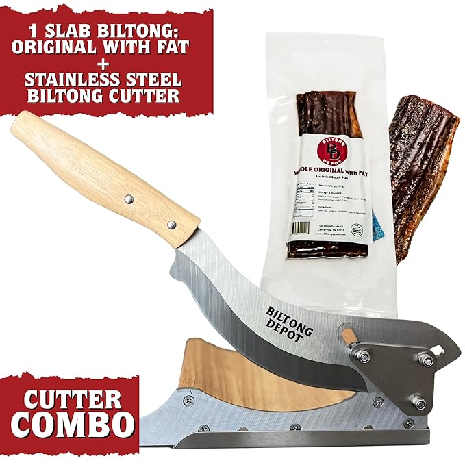 Biltong Depot Stainless Steel Biltong Cutter + Original Biltong Steak Slab with Fat (8oz) | Gift Pack | Air-Dried Beef Jerky Snack | High Protein | Keto &amp Paleo Friendly | Zero Sugar | Gluten Free
