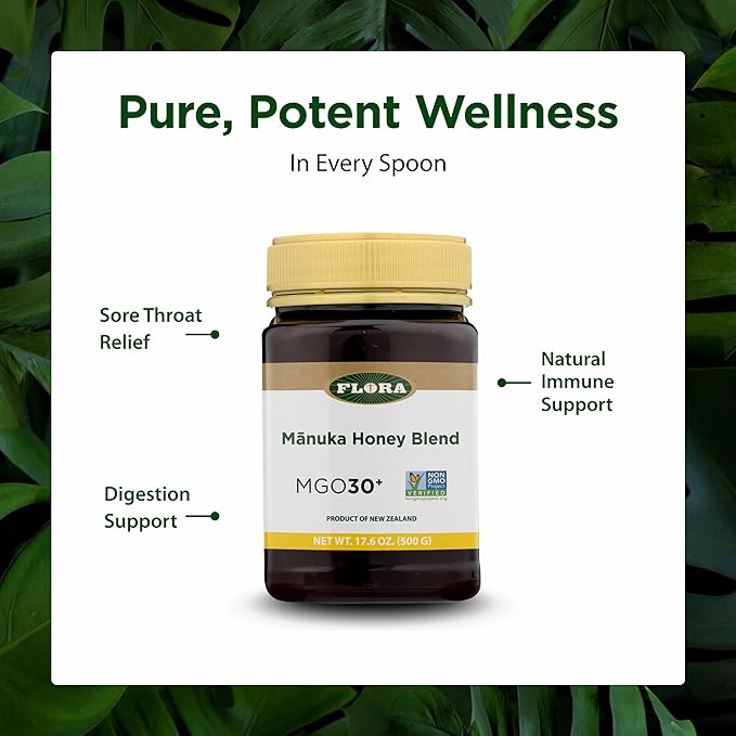 Flora - Manuka Honey - MGO 30+ - Sustainable Honey from New Zealand - Non-GMO &amp Unpasteurized - 17.6 oz. Jar