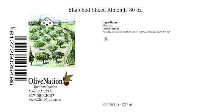 OliveNation Blanched Sliced Almonds Skinless Unsalted Healthy High Fiber Nuts for Baking Cooking Decoration Snacking  Non-GMO Gluten Free Kosher Vegan - 80 ounces