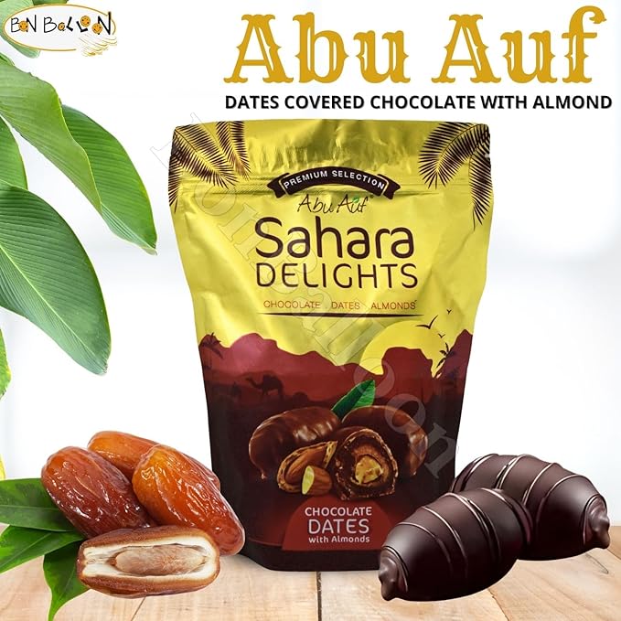 Abu Auf Semi Dry Dates Without Seed Stuffed With Almond Coated With Chocolate Sahara Delights Delicious Finest Natural Tamr Free From Genetically Modified Fresh Kosher Halal (1 Pack = 10.58 oz)