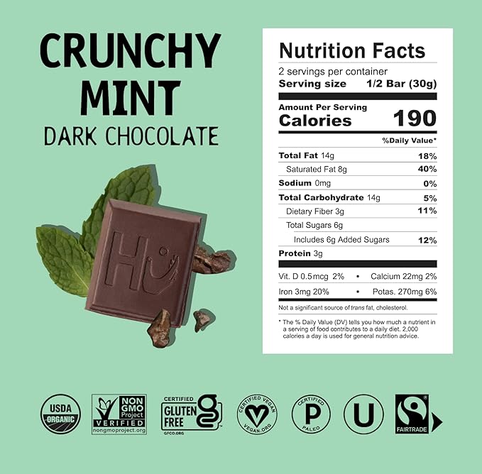Hu Chocolate Bars | 6 Pack Crunchy Mint Chocolate | Natural Organic Vegan Gluten Free Paleo Non GMO Fair Trade Dark Chocolate | 2.1oz Each
