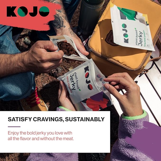 Kojo - Plant-Based Vegan Jerky Variety Pack - Cracked Pepper Ginger Teriyaki Spicy Chipotle 9g Protein 3g Fiber 90 Calories - 6 Bags (2pcs Each)