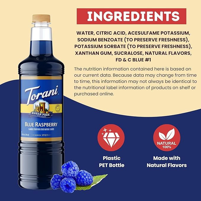 Torani Sugar Free Blue Raspberry Syrup 1 Liter Bottle with Pump Keto Friendly Zero Calorie Low Carb Diabetic Safe Flavoring for Coffee Shakes Snow Cones and Cocktails