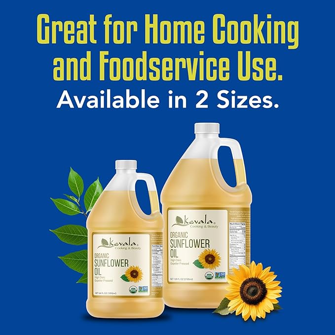 Kevala Organic Sunflower Oil - Oil for Cooking and Baking Processed in a Facility Free of Tree Nuts and Peanuts Good Carrier for Essential Oils Kitchen Pantry Staple for your Home 64 fl oz 1/2 gal