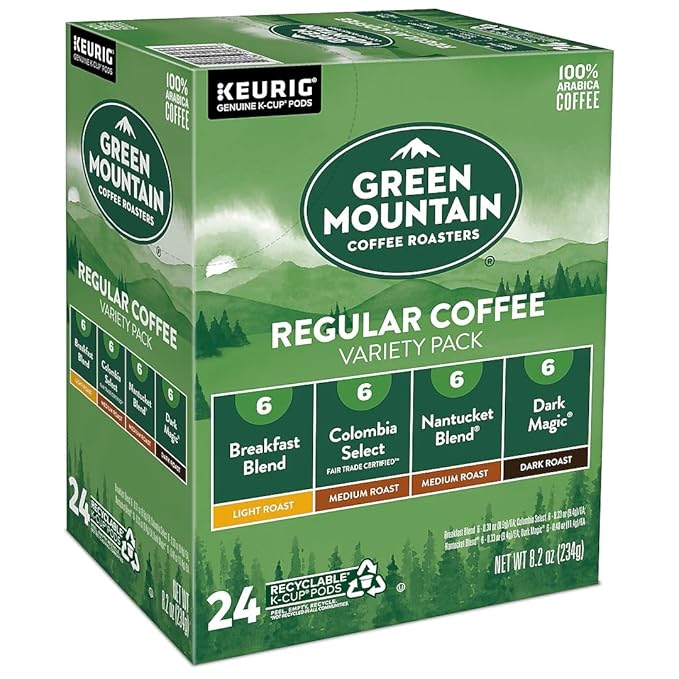 Green Mountain Coffee Variety Pack K-Cup Pods 24 Count Breakfast Blend Vermont Country Blend French Roast Dark Magic