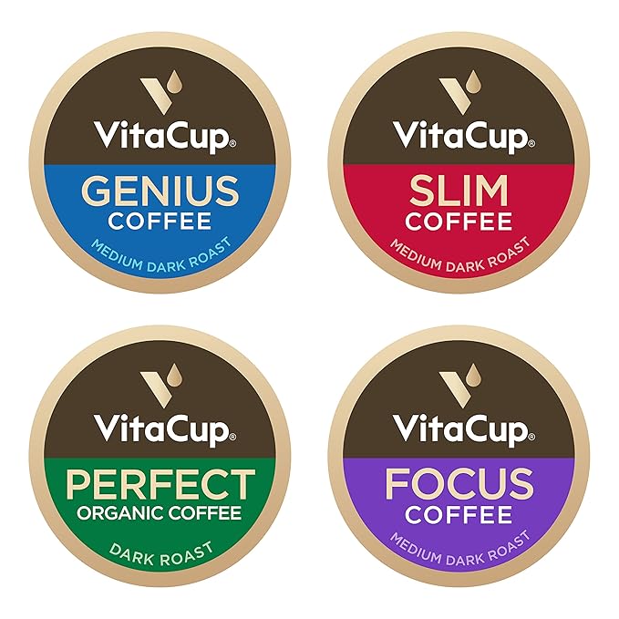 VitaCup Coffee Pods 40ct 4 Unique Wellness Blends with MCT Oil Garcinia Cambogia Lion’s Mane Chaga &amp Low-Acid Organic Dark Roast – Full-Bodied Arabica Coffee Pods for Energy Focus Immunity &