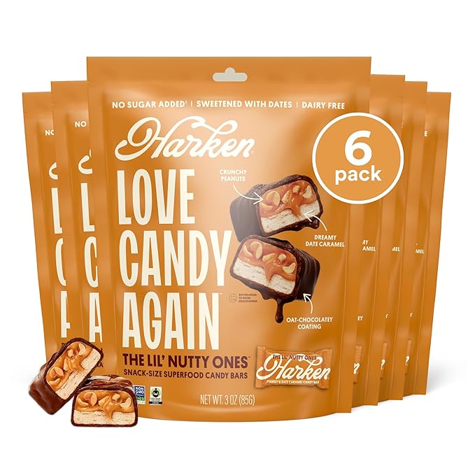 Harken Sweets The Lil’ Nutty Ones Mini Oat Milk Chocolate Candy Bars with Peanuts Sweetened with Dates No Sugar Added High Fiber Snack Gluten-Free Plant-Based 6 Pouches (30 Bars)